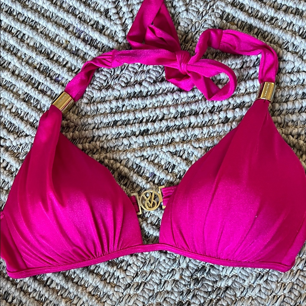 Victoria's Secret Hot Pink Triangle Bikini Top with Gold Accents